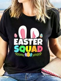 Easter Squad Family Matching Bunny Ears Egg Hunting T-Shirt, Casual Short Sleeve Top For Spring & Summer, Women'S Clothing (Color: Black, size: S)