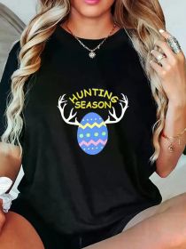 Easter Women'S T-Shirts Hunting Season Funny Easter Eggs with Antlers Teacher Shirt Print Women'S T-shirt, Round Crew Neck Soft Short Sleeve T-Shirt (Color: Black, size: XL)