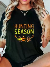 Holiday Cheer] Women's Hunting Season Graphic T-Shirt - Soft Crew Neck Short Sleeve Tee with Deer & Egg Hunt Design (Color: Black, size: M)