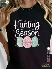 Easter "Hunting Season" Women's Tee - 100%, Comfort Fit, Festive Egg & Target Design with Butterfly Accents, Short (Color: Black, size: XL)
