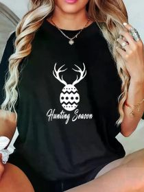 Women's Easter Egg Hunting Season T-Shirt - Soft Crew Neck Short Sleeve Graphic Tee with Deer Antlers Design (Color: Black, size: L)