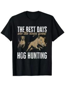 1pc Wild Hog Hunting Dog Print T-Shirt, 100% Cotton Crew Neck Short Sleeve Tee, Casual All-Season Knit Fabric Top (Color: Black, size: S)