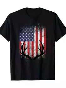 Deer Hunting American Flag Whitetail Buck Antlers Men's Cotton Short Sleeve Casual Round Neck Top Comfortable Stylish with Humorous graphic Black (Color: Black, size: XXXL)
