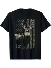 Hunting Camo American Flag Deer T-ShirtCouple Clothing 2025 (Color: Black, size: XL)