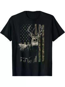 Hunting Camo American Flag Deer T-ShirtCouple Clothing 2025 (Color: Black, size: S)