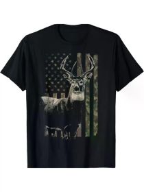 Hunting Camo American Flag Deer T-ShirtCouple Clothing 2025 (Color: Black, size: XXXL)