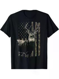 Hunting Camo American Flag Deer T-ShirtCouple Clothing 2025 (Color: Black, size: L)