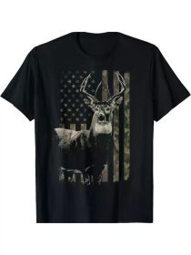 Hunting Camo American Flag Deer T-ShirtCouple Clothing 2025 (Color: Black, size: XXL)