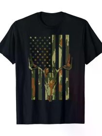 Camo US Flag Deer Skull Vintage Hunting Patriotic Hunt Dad T-Shirt (Color: Black, size: S)