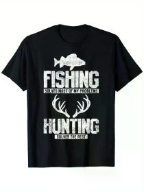 Men's Black Hunting & Fishing Graphic T-Shirt - "Fishing Solves Most of My Problems" Print, Durable Anti-Shrink (Color: Black, size: S)