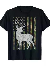 Camo USA Flag Deer Elk Buck Camoflage Hunting Hunter Gift T-Shirt (Color: Black, size: S)